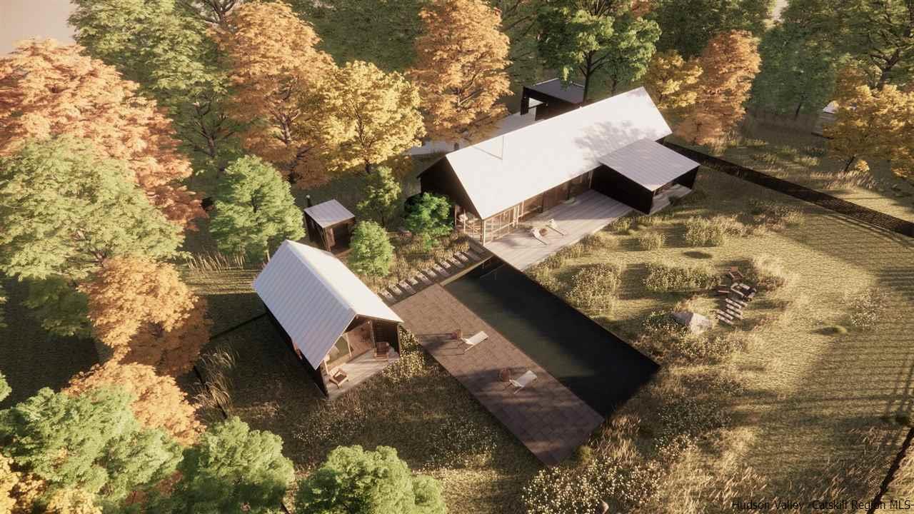 Aerial View of Hudson Home with Accessory Structures. Artist Rendering.